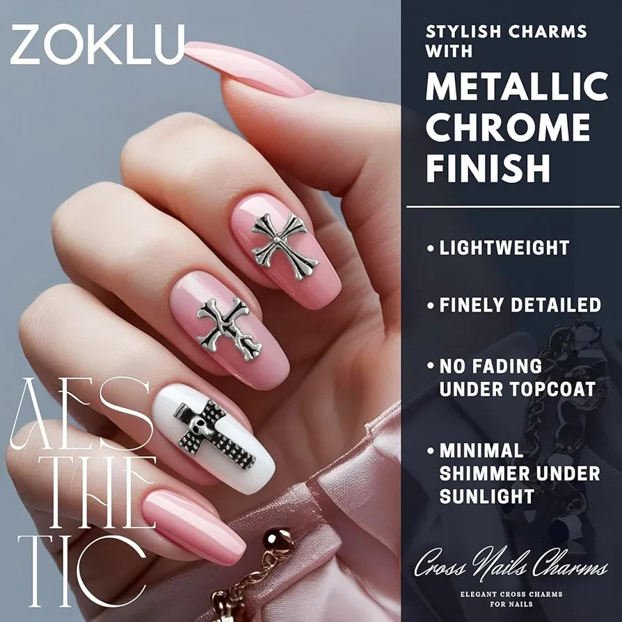120 Silver Nail Charms, 3D Acrylic Cross Gothic Acrylic Nail Art Decorations