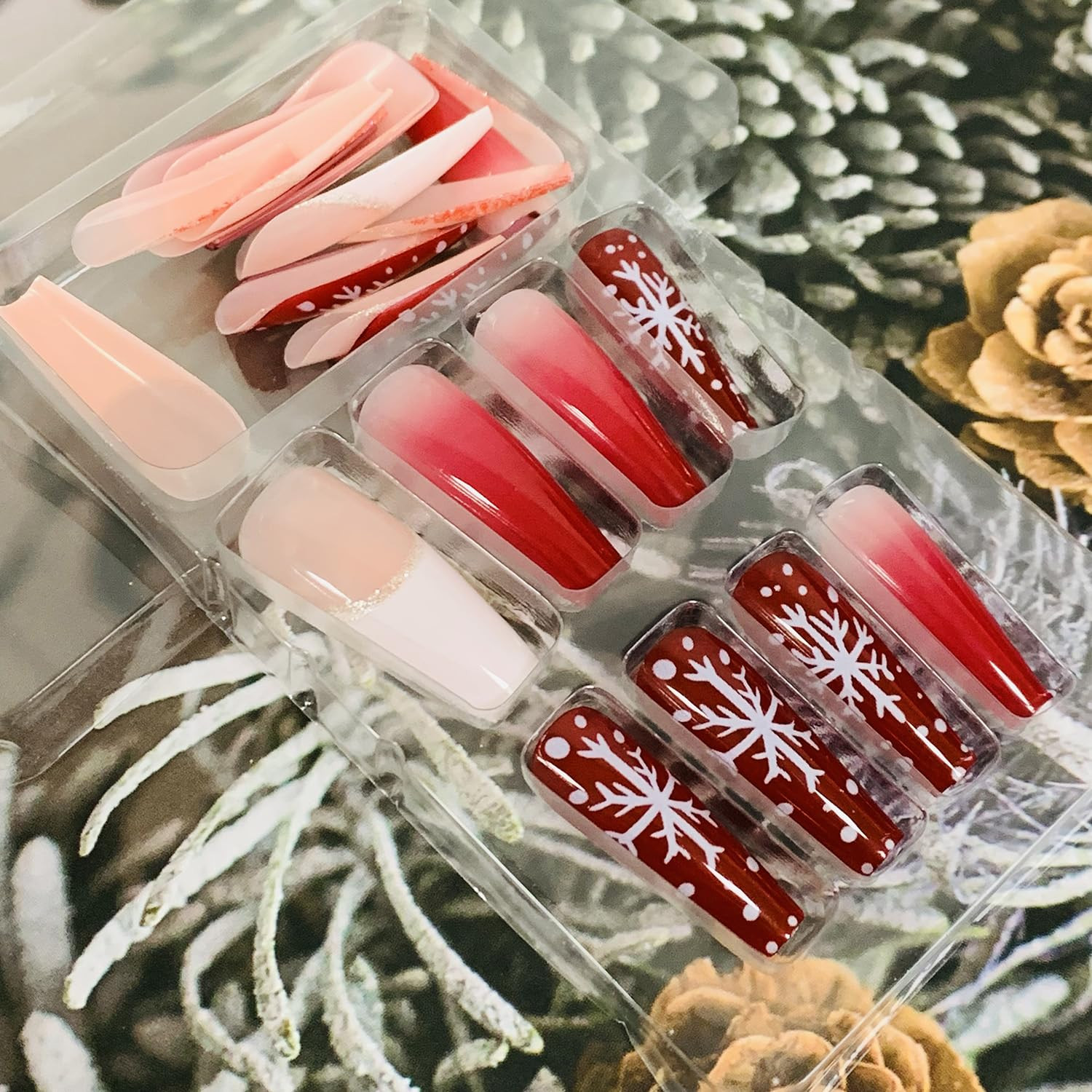 Christmas Artificial Fake Nails, Press on Nails Square Long Length, 24Pcs Glossy