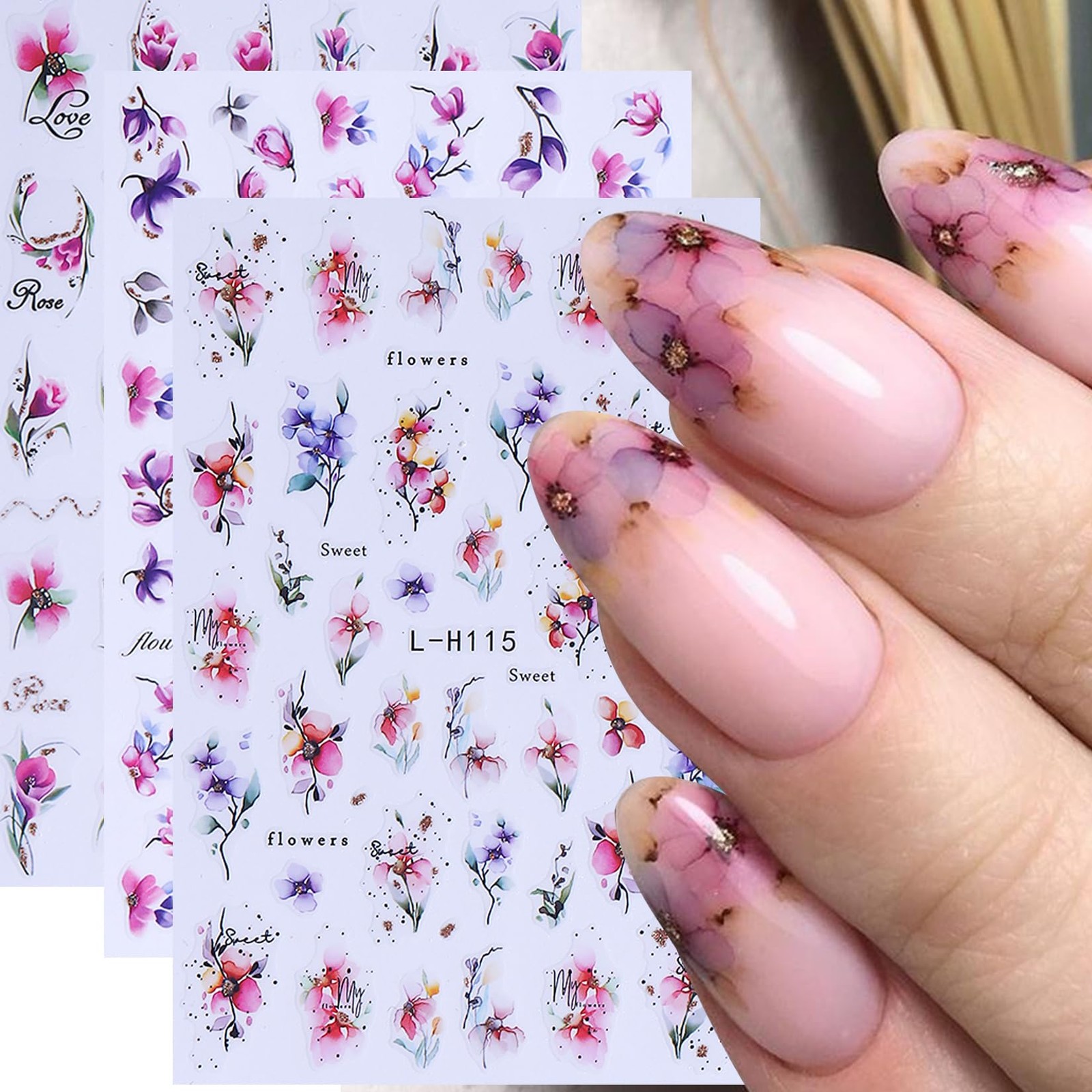 Ink Flower Nail Art Stickers 12 Sheets 3D -Adhesive Nail Decals with Tweezers…