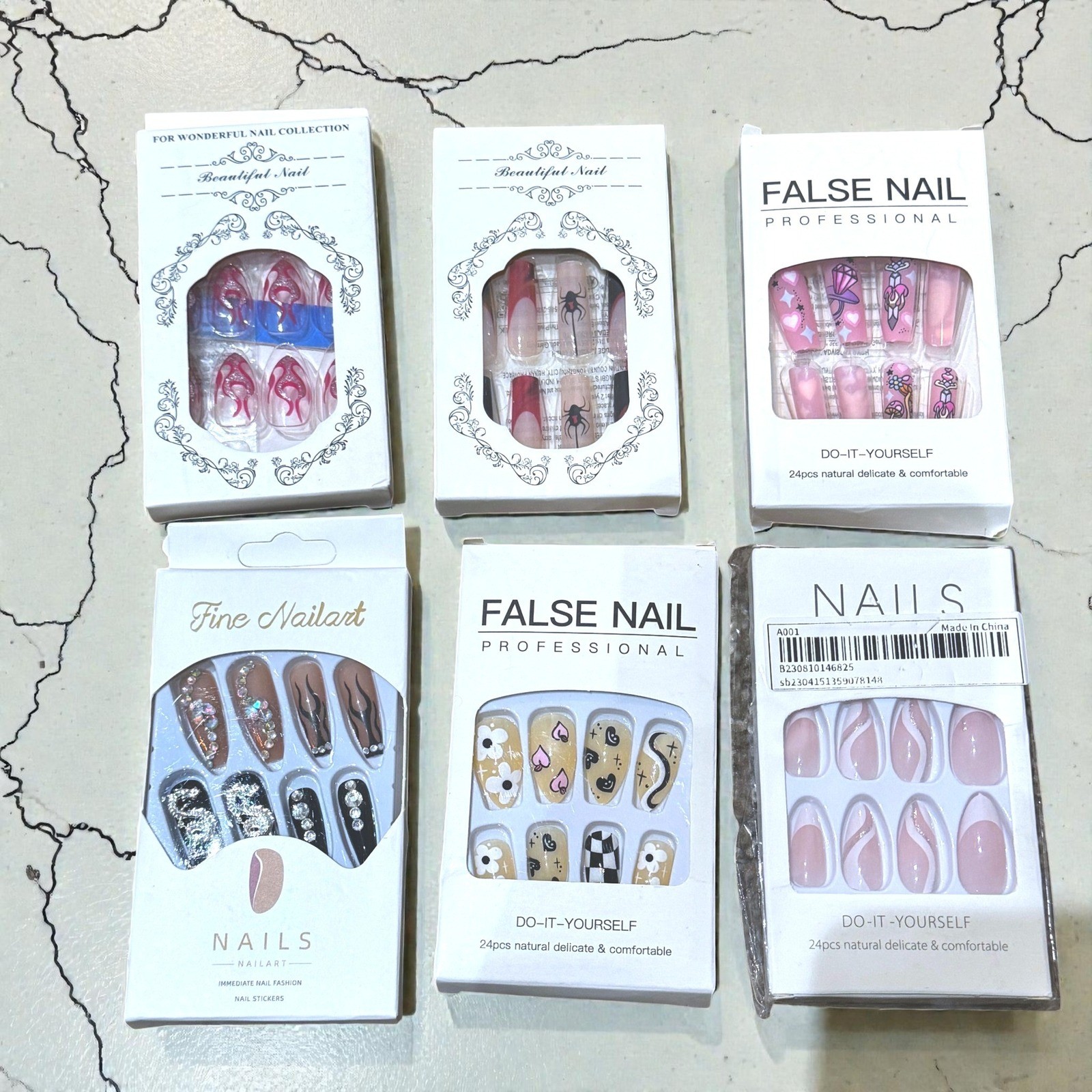 6 Sets Press On False Nails Bundle Y2K Gothic Dragon French Tip Floral Art