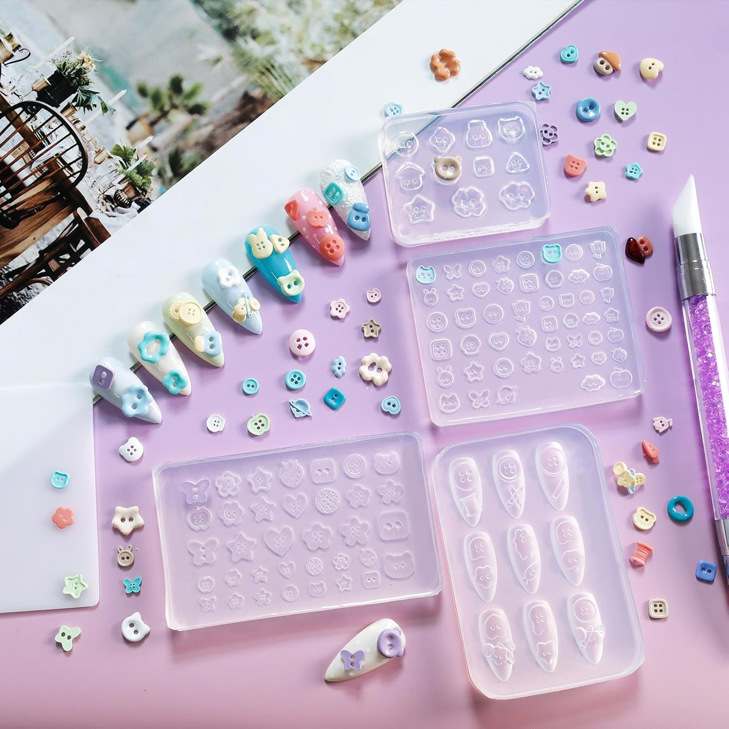 4Pcs Button Silicone Nail Art Molds, 3D Multiple Shapes Embossed Button Nail Cha