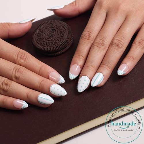 Press-On Nailshort Almond with Blue Polka S Polka Dot & Stripe French