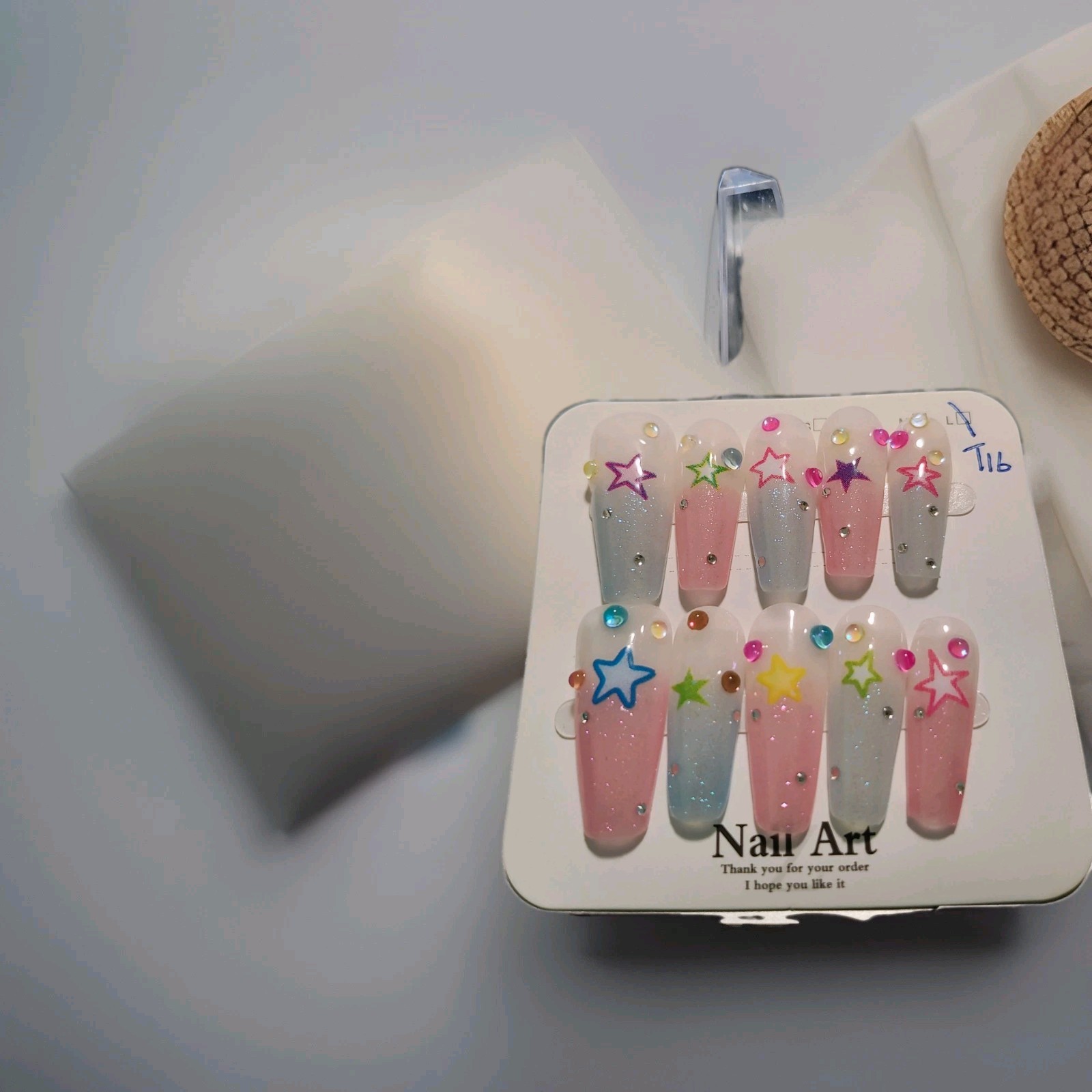 Pink Blue White Multicolor Glitter Star Long Coffin Press-On Nails Full Cover