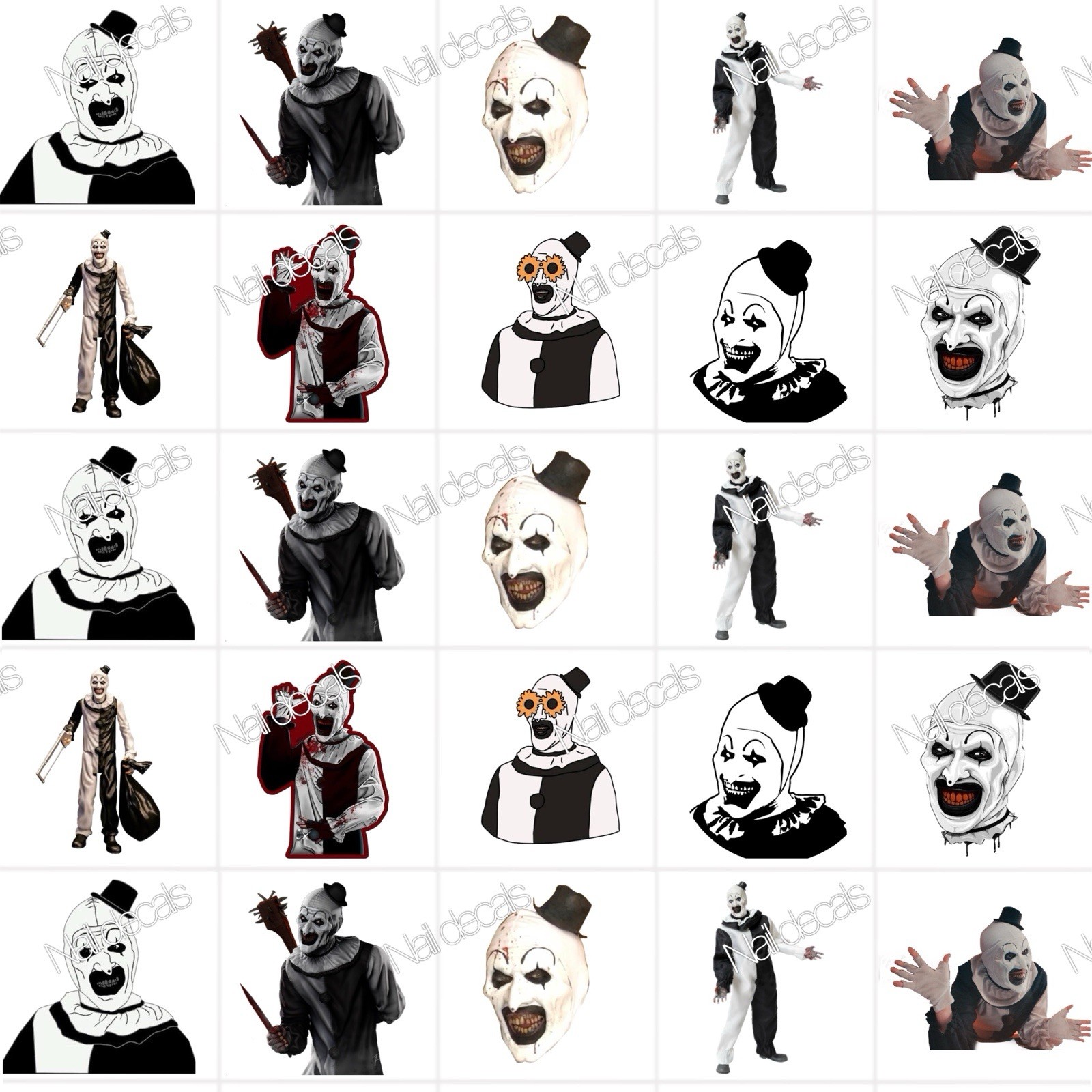 Art The Clown Finger Nail Decals Clear Waterslide Transfer Set of 50 +