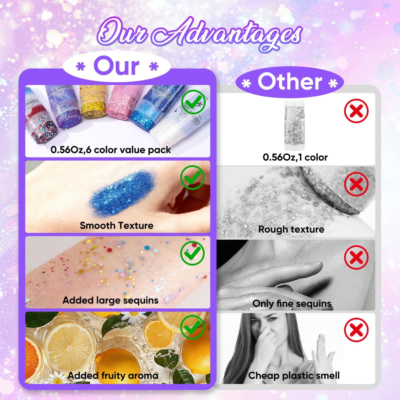 Body Glitter Stick 6 Pack Red White and Blue Face & Hair Glitter with Chunky…