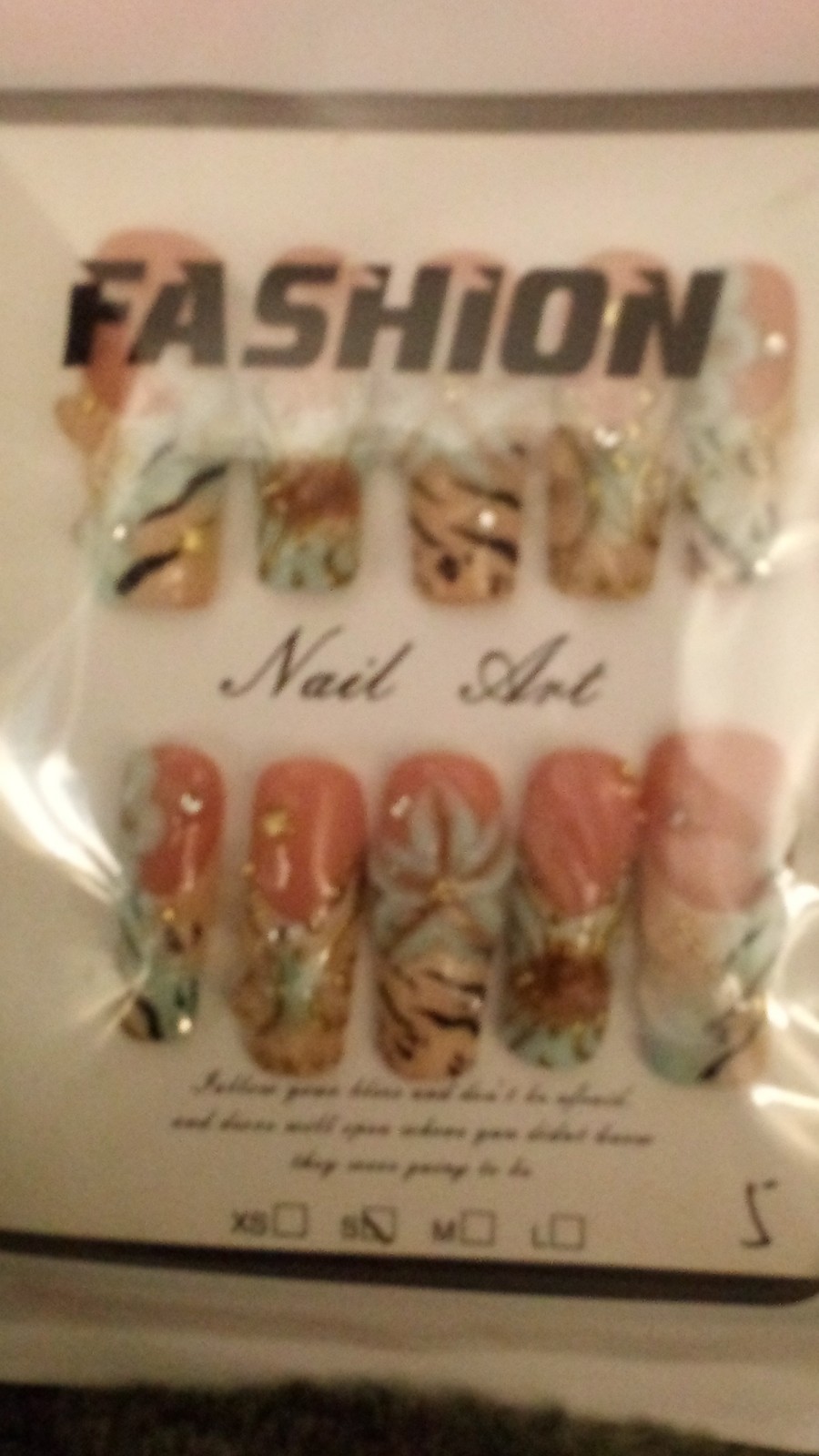 Fashion 3D Press-On Nails Peach Blue Gold medium Square Animal Floral