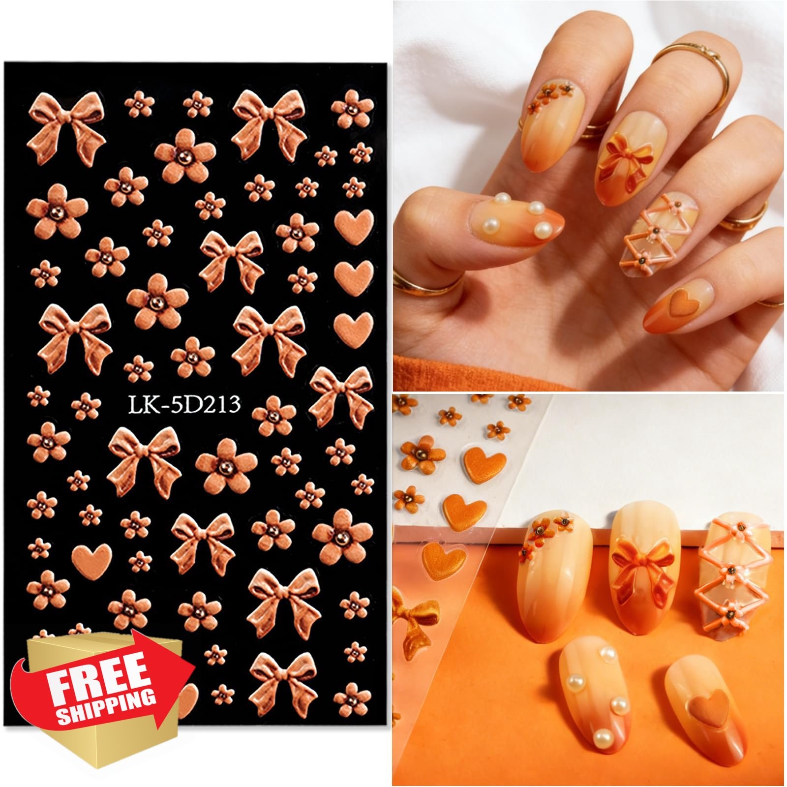 SEMATA Bow Flower Nail Stickers 5D Pearls Rhinestones