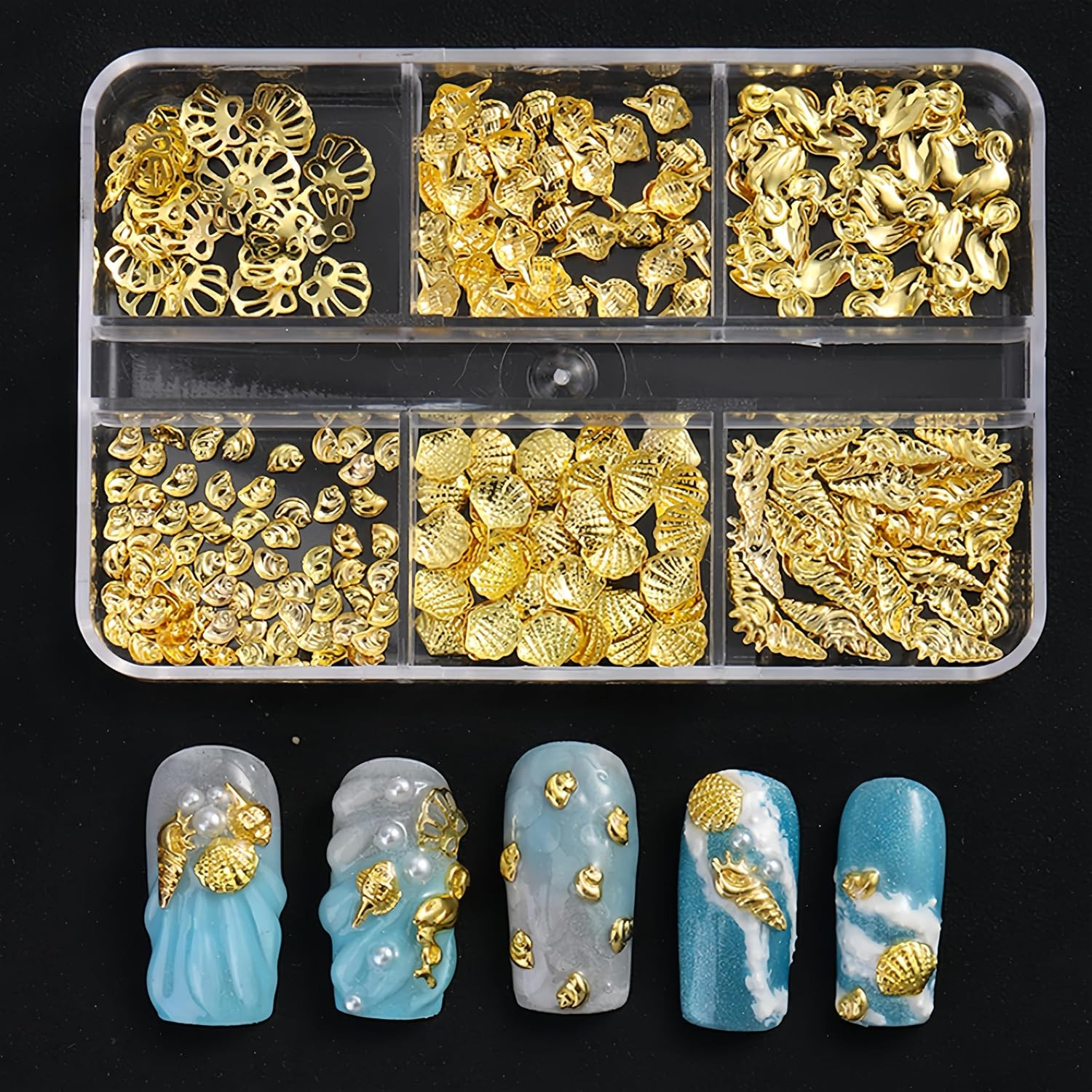 2Boxes Gold Summer Ocean Nail Charms and Gems Metal Small Seashell Starfish Seah