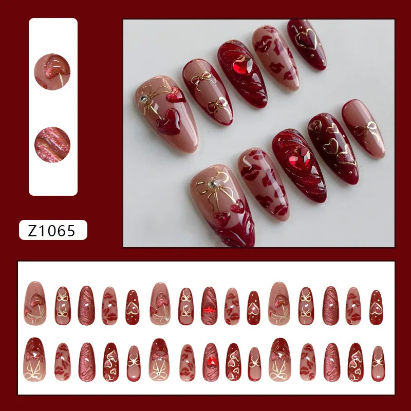 24pcs Red Love Diamond Glitter French Almond Press On Nails Y2k Gold Bow