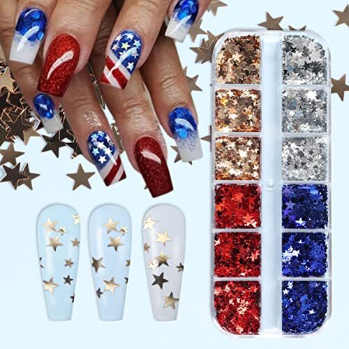 12 Grids 4th of July Nail Glitter Sequins Independence Day Star Nail Sequins P5