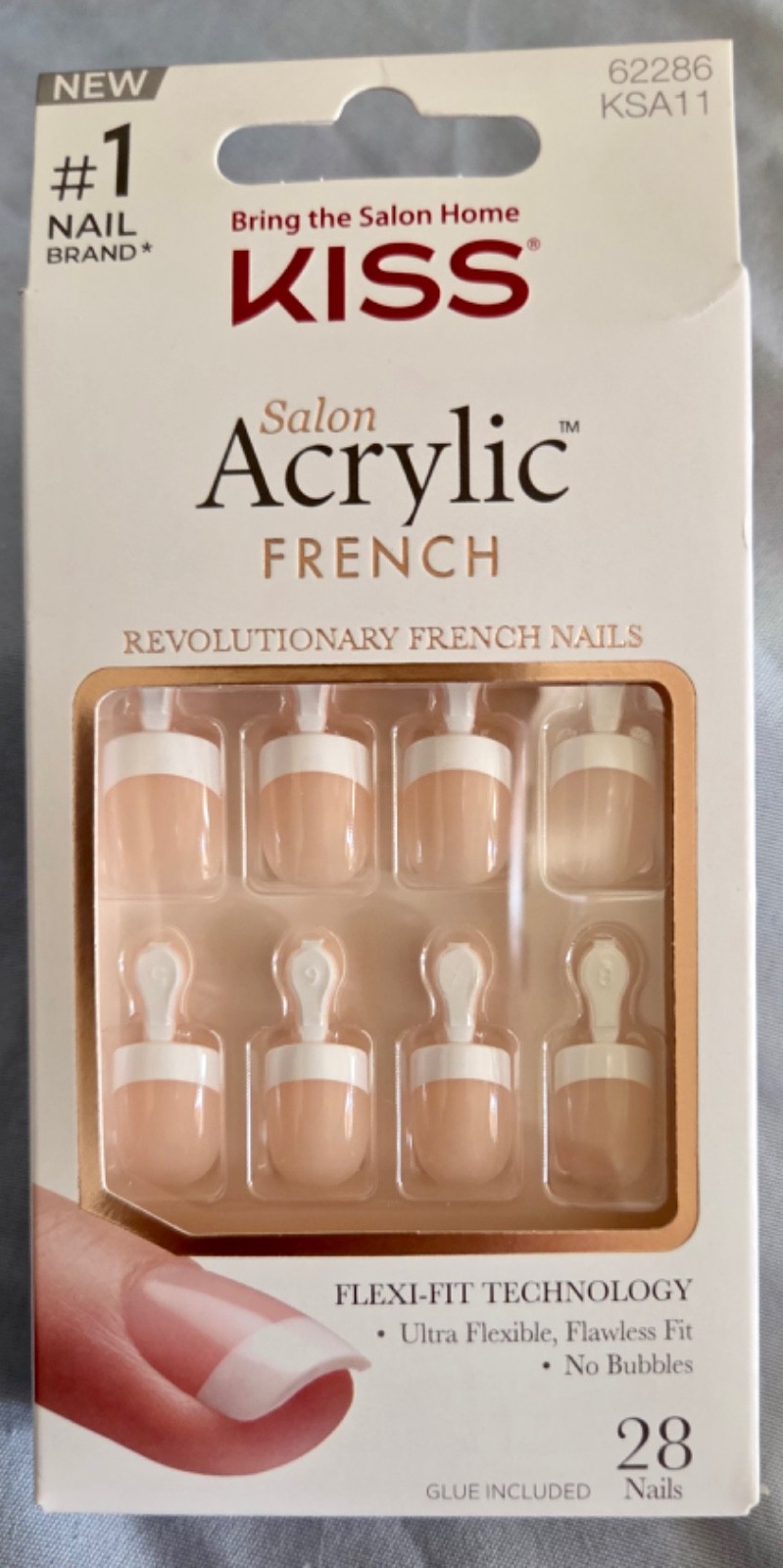 Kiss Salon Acrylic French Nails RS Real Short 28ct Glue On Flexi-Fit NEW