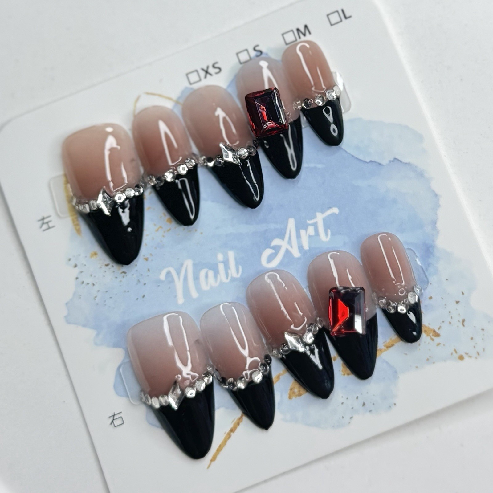 Handmade Black French Tip Press-On Nails Medium Almond Reusable Fake Nail