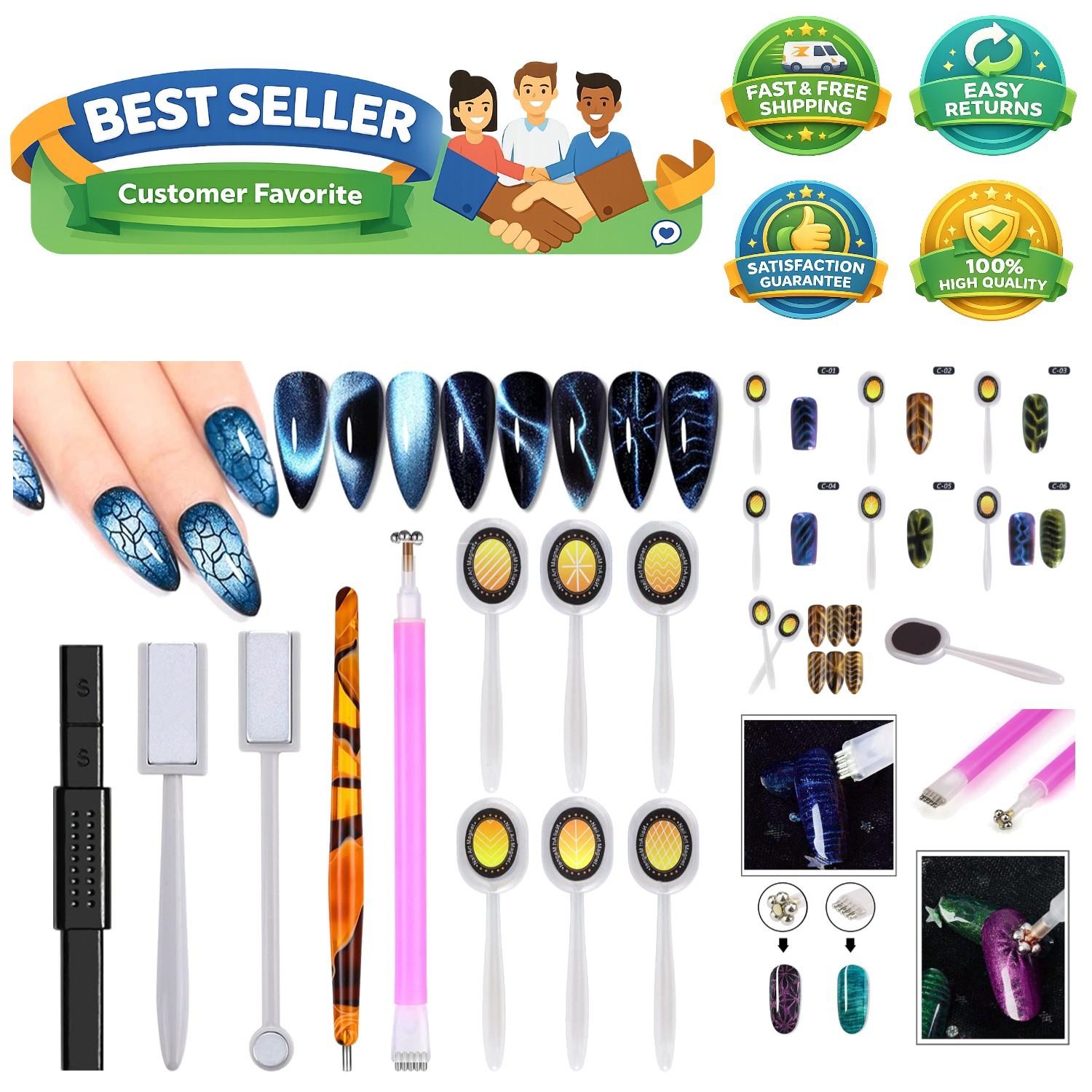 11Pcs Nail Magnet, Cat Eye Magnets for Nails, Nail Polish Magnet Stick 3d Nai…