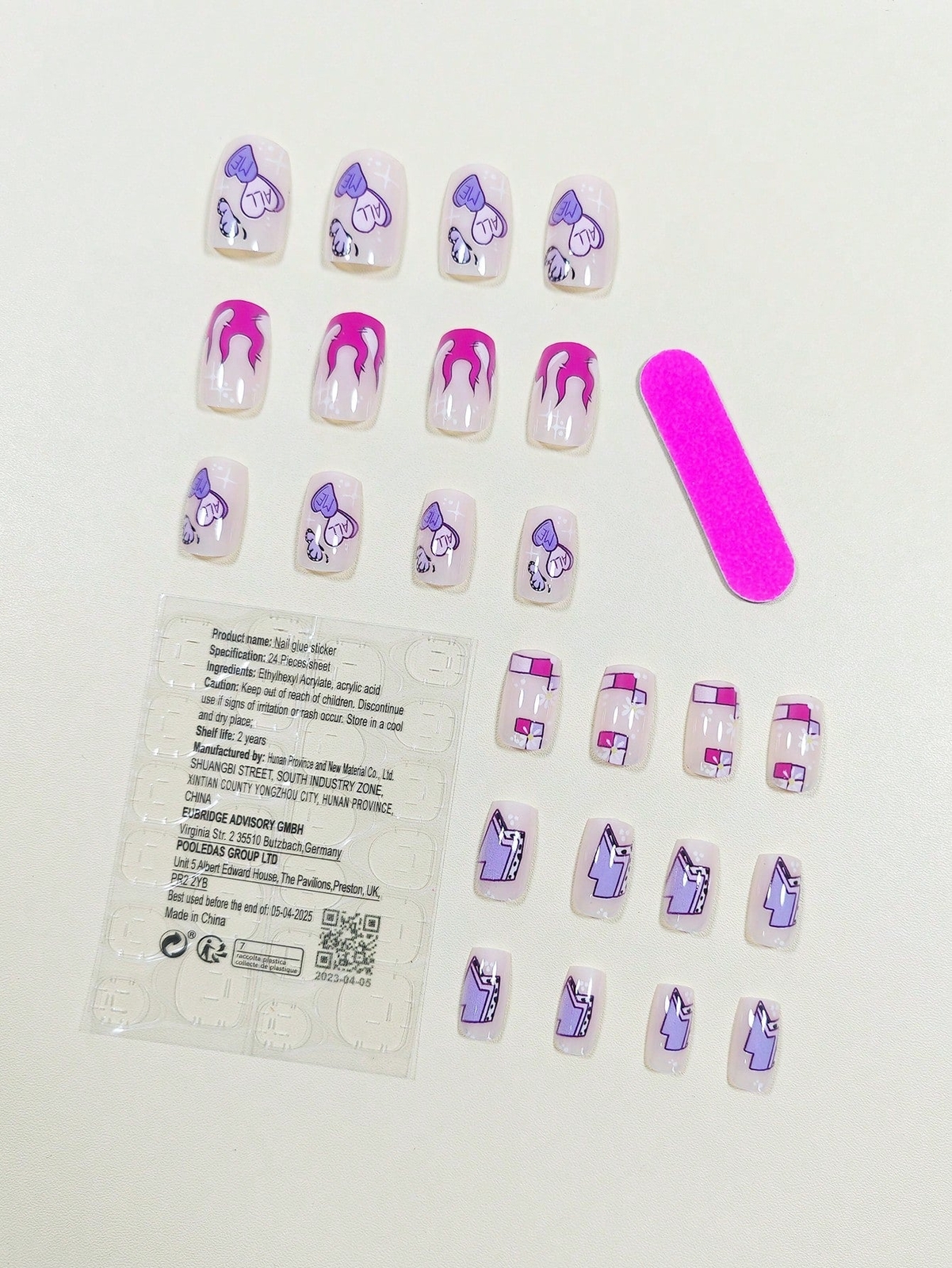 24pcs Square Floral Heart Purple Pink Fake Nail Set Press On Nails False Nails