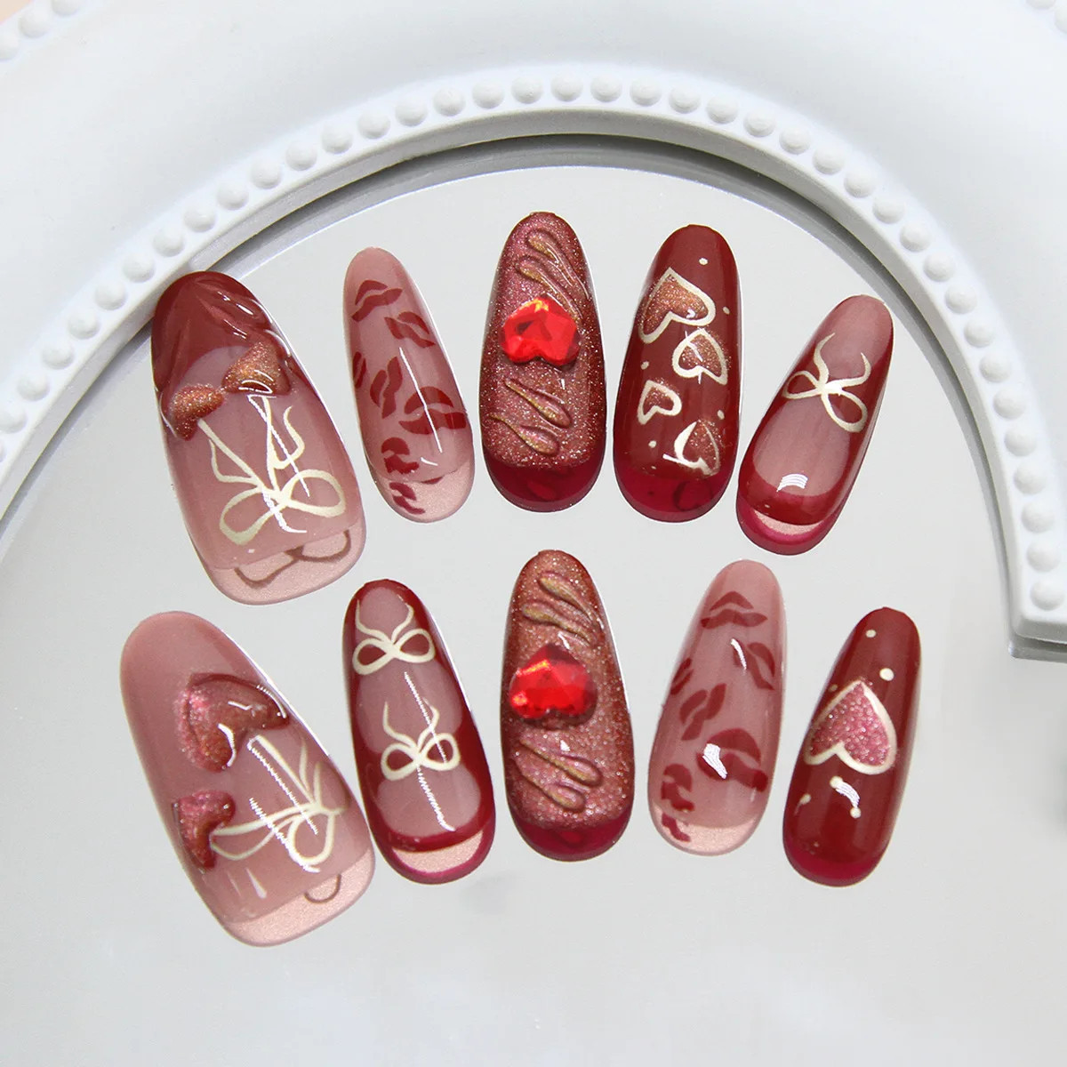 24pcs Red Love Diamond Glitter French Almond Press On Nails Y2k Gold Bow