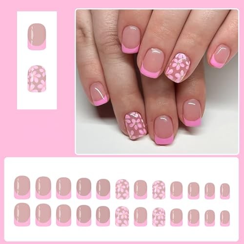French Tip Press On Nails – Short Fake Nails Square Nude Pink – Flowers3