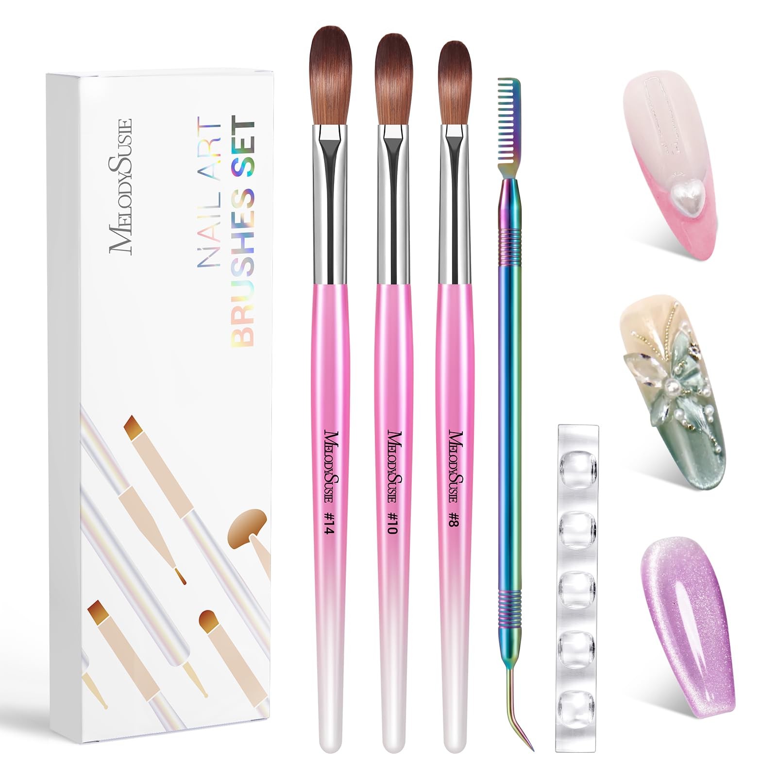 MelodySusie Acrylic Nail Brush Set, Size 8,10,14 Professional Pink Silver Nai…