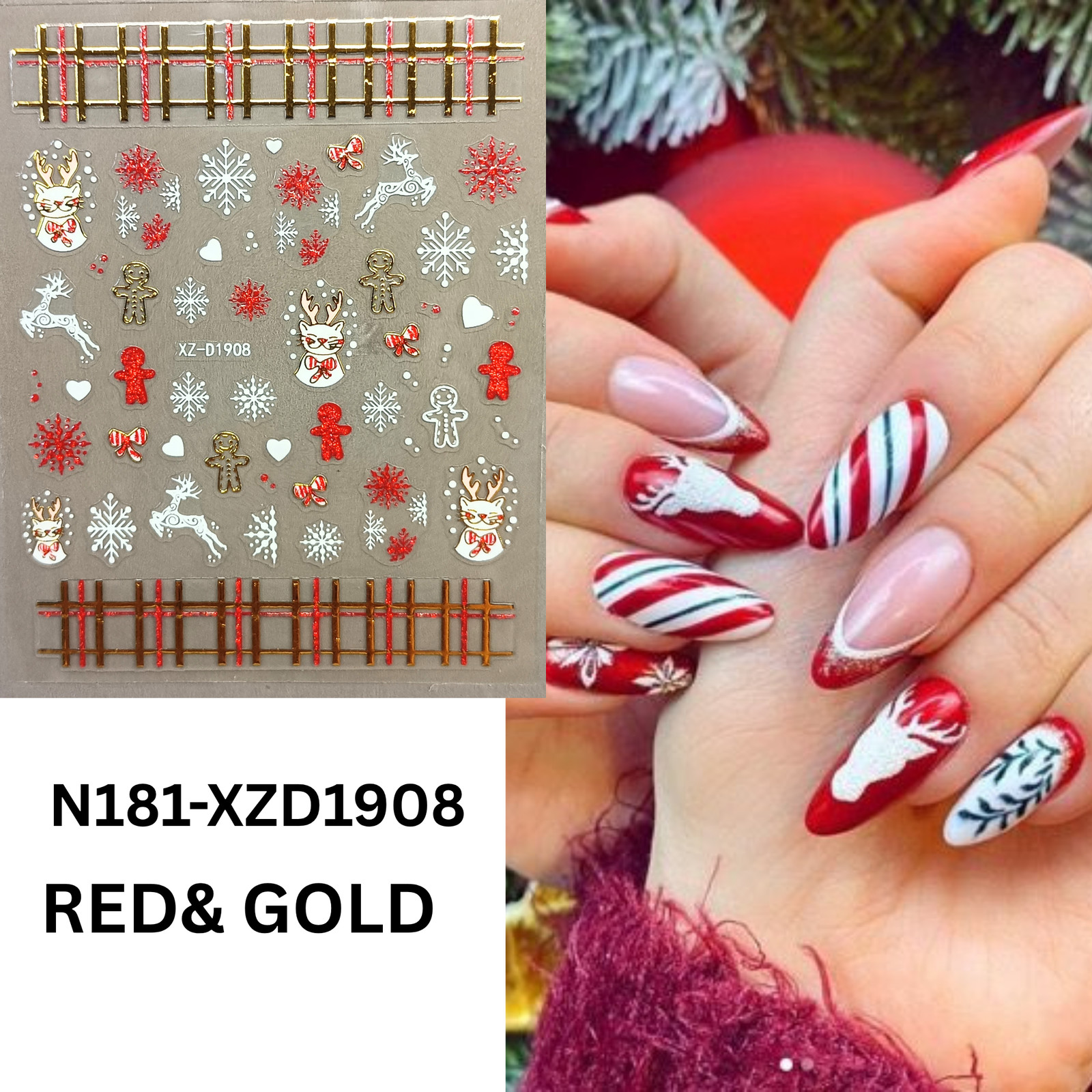 Set of 12 Christmas 3D Nail Decals – Holiday Reindeer, Candy Cane, Santa & Snowf