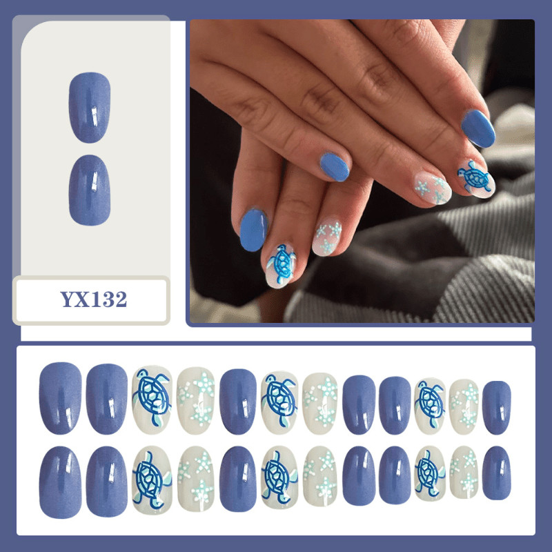 48 Pcs Blue Sea Turtle Press on Nails, Short Oval Starfish Glossy Fake Nails