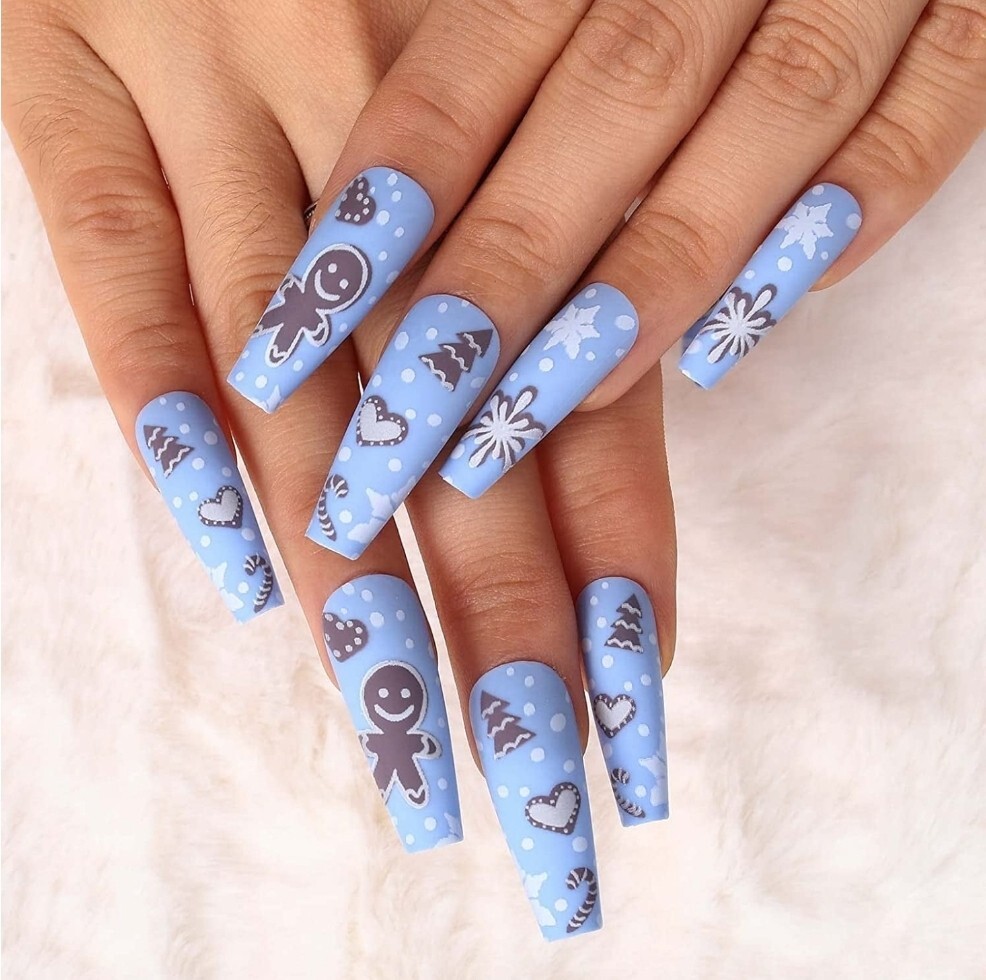 24 Matte Blue Christmas Press on nails kit glue on snow flake festive winter