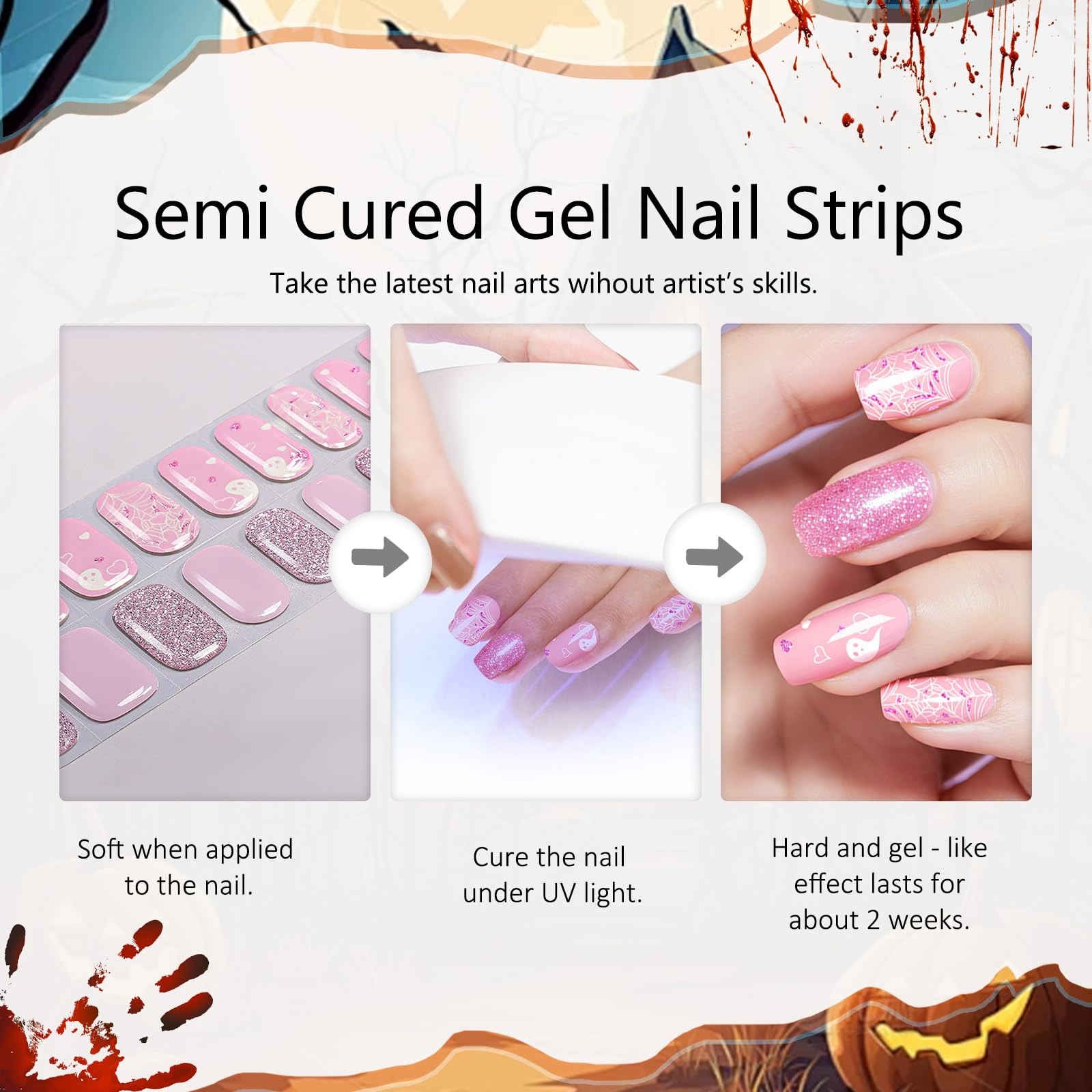 Halloween Semi Cured Nail Strips, 20 Tips Pink Ghost Spiderweb Design Nail Po…