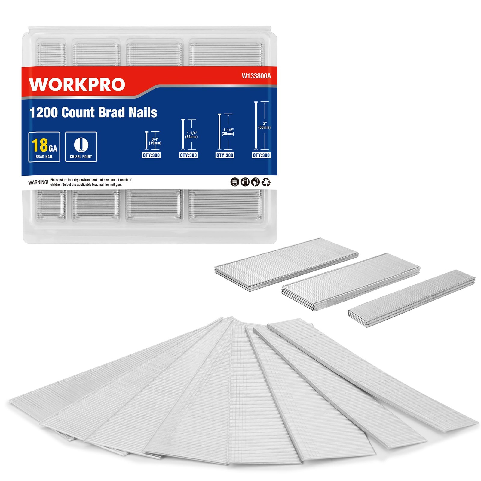 WORKPRO 18 Gauge Brad Nails, 1200 Count, 2″, 1-1/2″, 1-1/4″, 3/4″, Galvanized