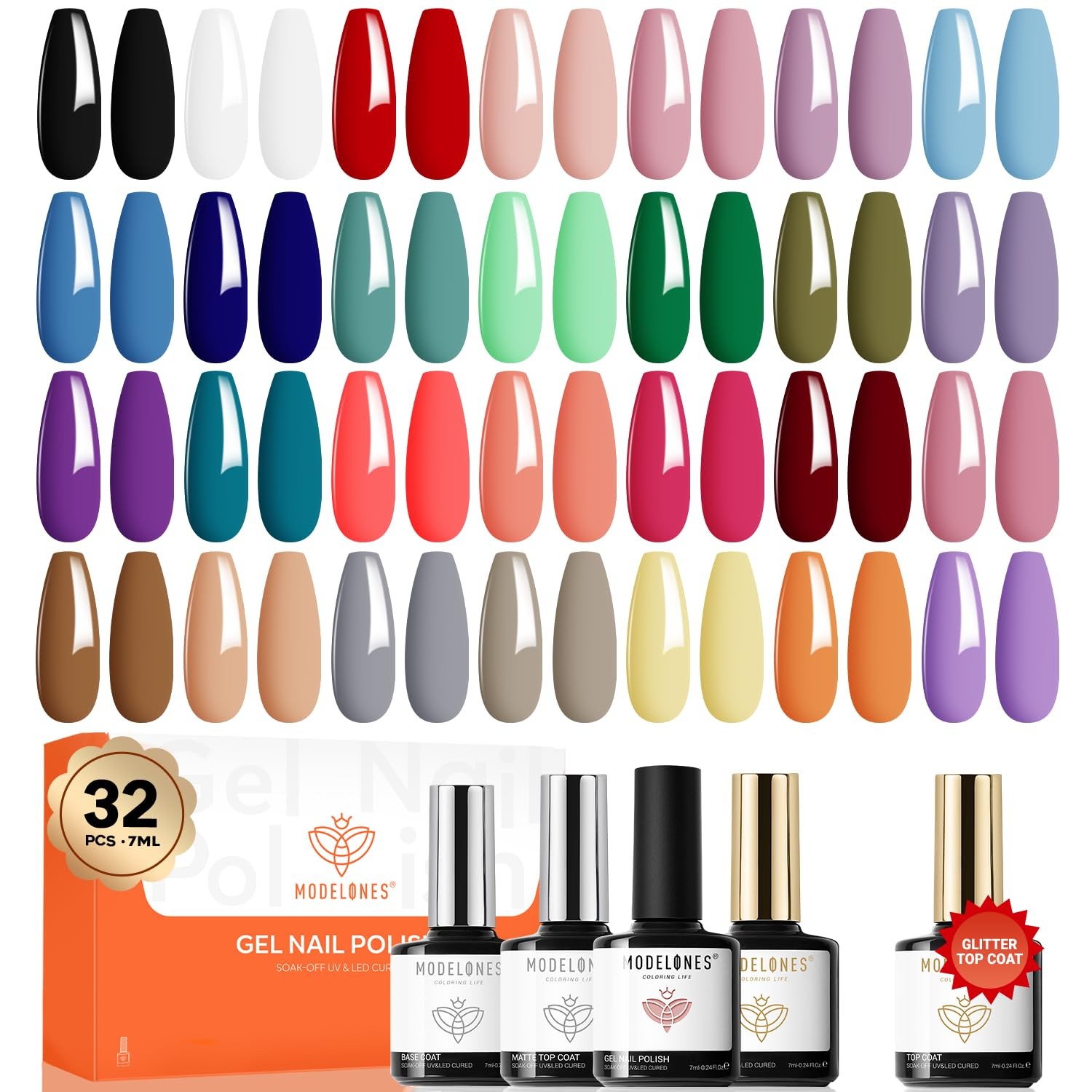 32 PCS Gel Nail Polish Set, 28 Colors Gel Polish with No Wipe Base Coat, Glit…