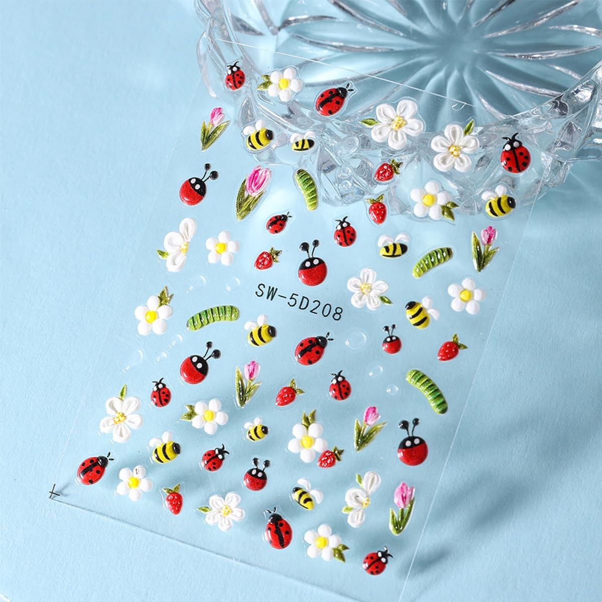 2 Sheets Ladybug Nail Stickers Spring Summer Flower Nail Art Stickers Self-Ad…