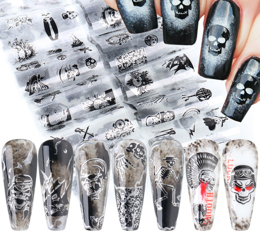 10pcs Skull Black White Scary Halloween Nail Art Foil Transfer Decals Manicure