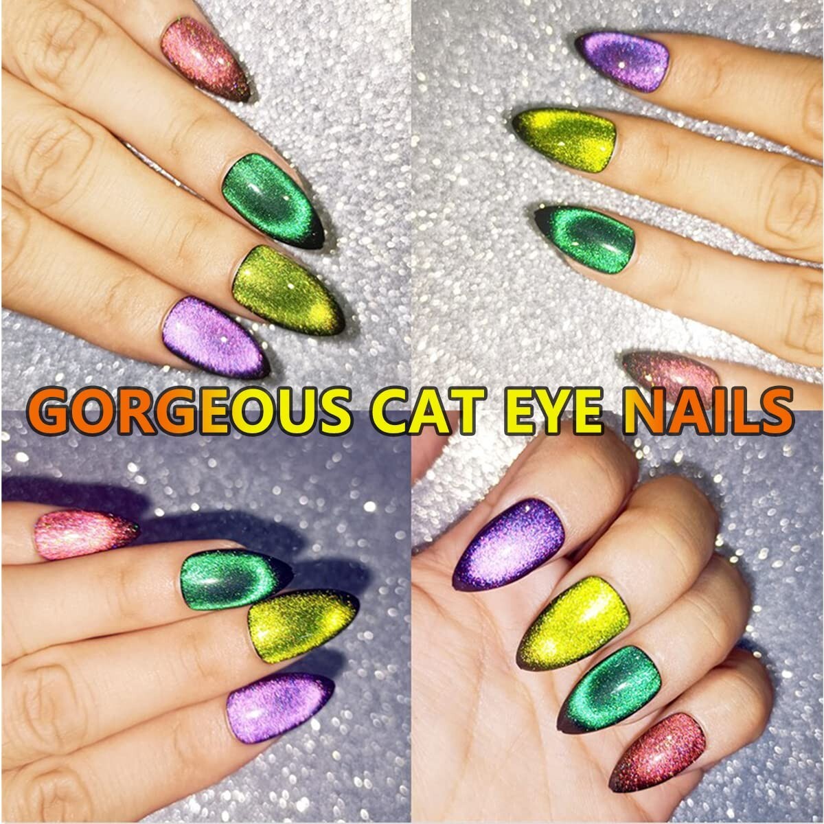 🔥Press On Nails Short Almond Stiletto 4 Sets 100% Handmade Cat Eye Glitter Fake