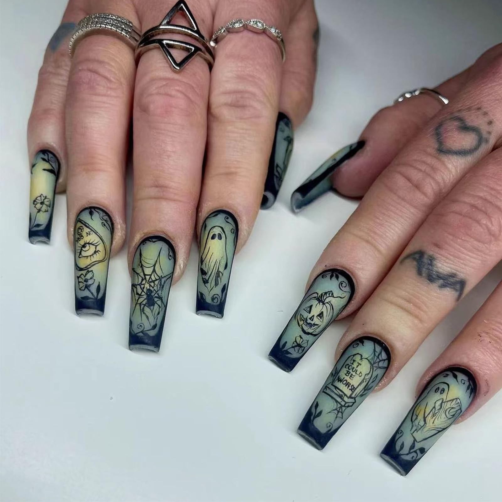 Evil Eye Halloween Nails – 24pc Cute Ghost Flower Vines Glue On Set – Matte B…