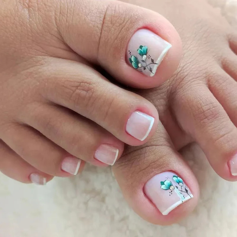 24pcs Sweet Pink Glitter Toenails French White Edge Detachable