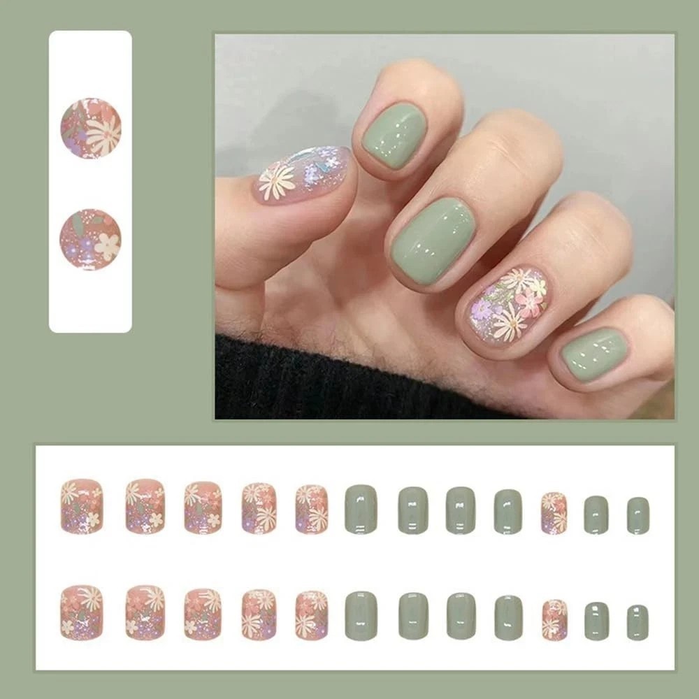 S.A.V.I 24 Pcs Short Natural Nude & Green Floral Press On Nails | Reusable DIY
