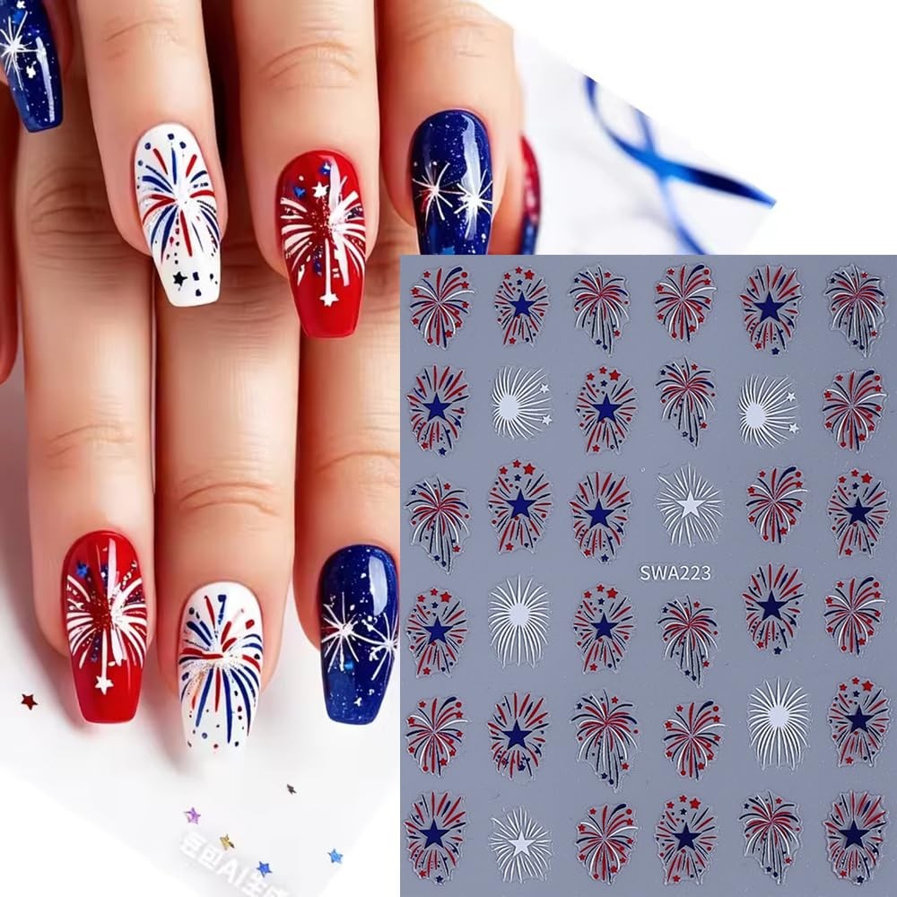 4th of July Fireworks Nail Stickers, Independence Day Nail Decals Blue Red Co…
