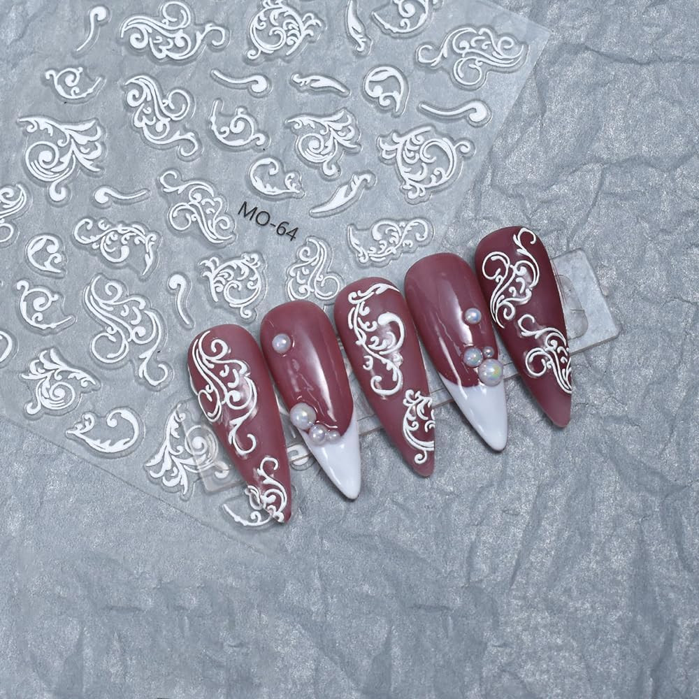5D Lace Flower Nail Stickers Set 6 Sheets White Embossed Nail Art Decals DIY