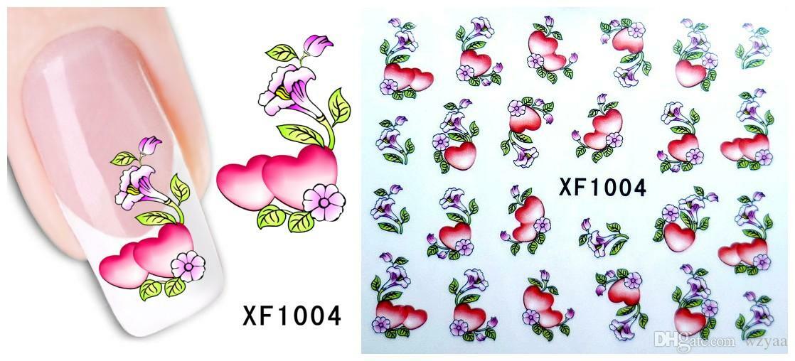Nail Art Water Transfer Sticker Decal Stickers Pretty Flowers Pink Heart XF1004