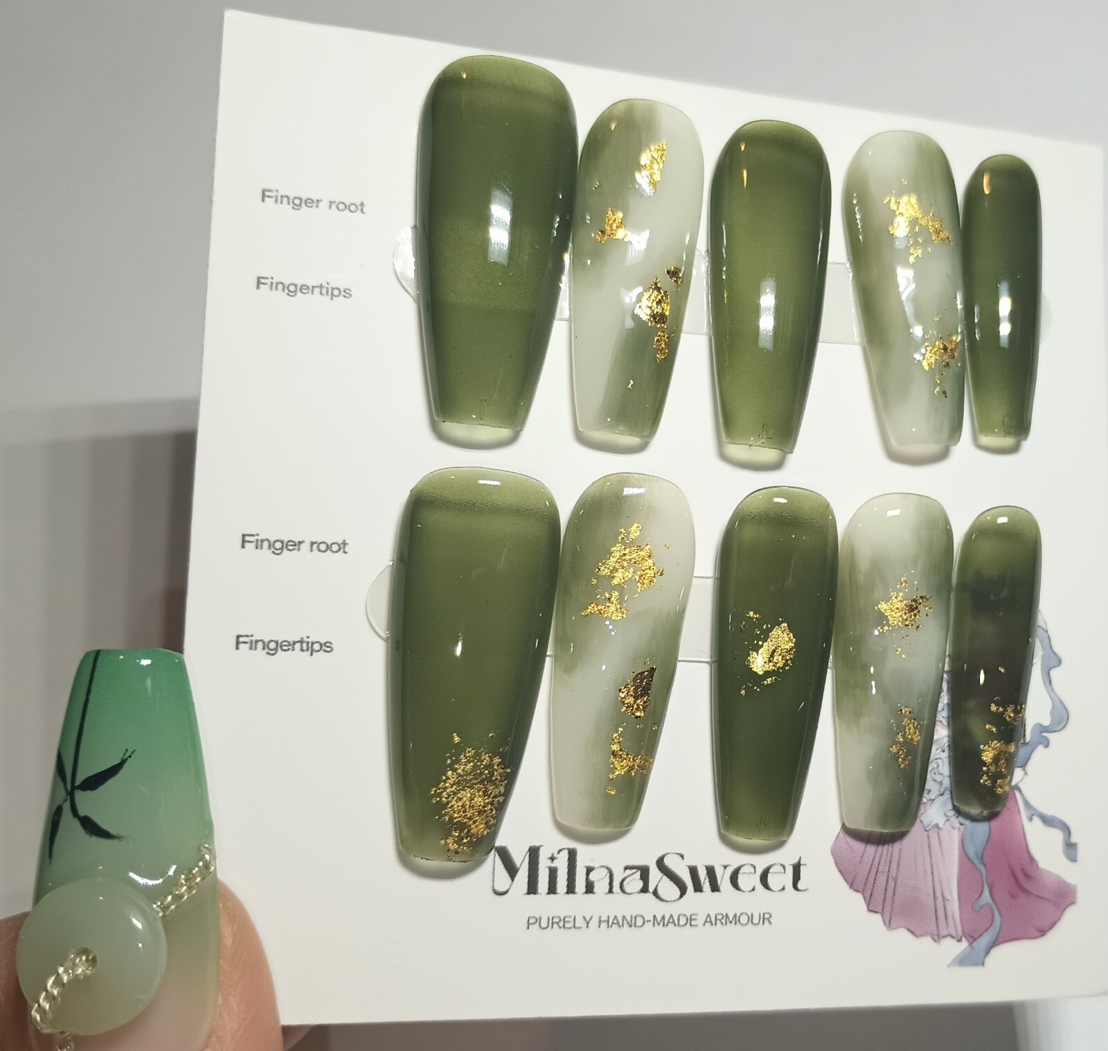 Green Gold Galaxy Cat Eye Press on Nails Handmade Fake Fingernails Gel Polish