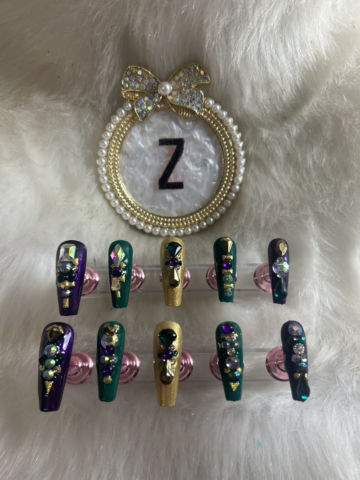 Z NAILZ! Gorgeous Set Of L Ballerina Mardi Gras Heavily Jeweled Press On Nails