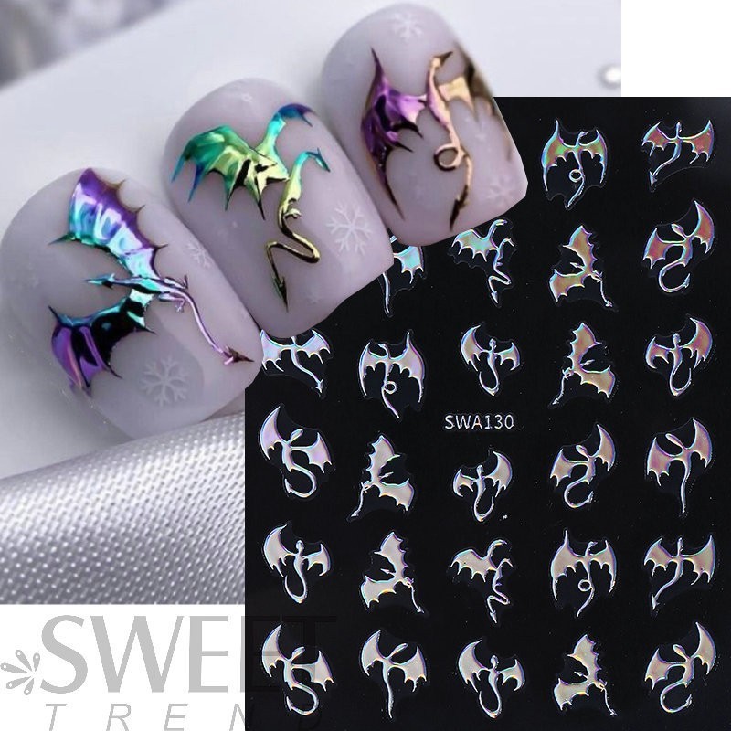 3pcs Metallic Flying Dragon Scales Nail Sticker Gold Silver Laser Devil Bat NH30