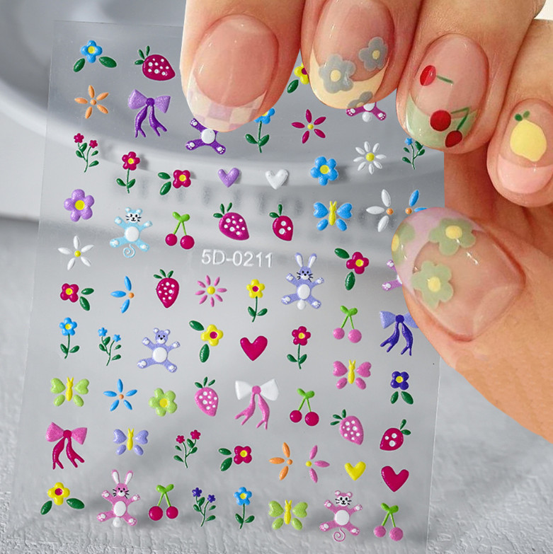 5D Embossed Nail Stickers Daisy Heart Flower Bow Engraved Adhesive Peel NH27