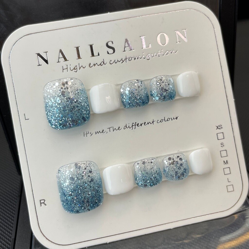 Handmade Toenail Summer Ocean Blue Sequins Wearable False Press On Toe Nail