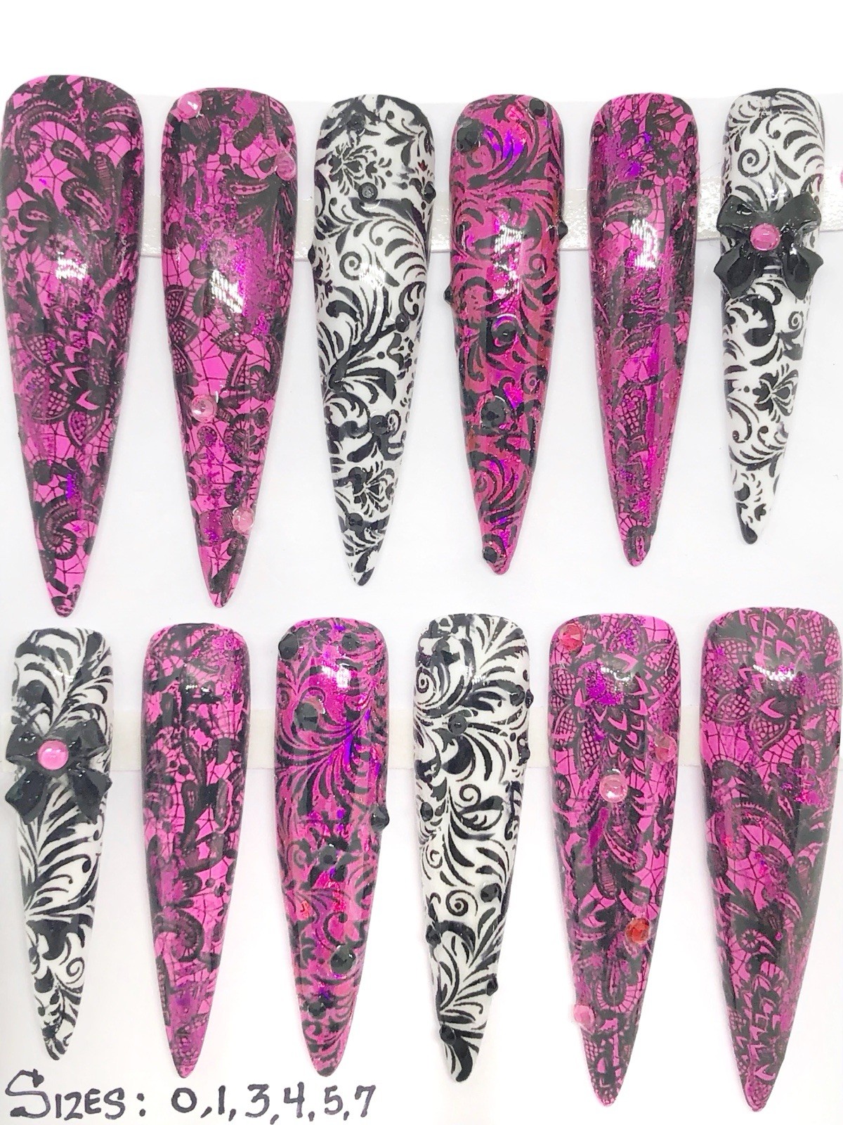 Handmade Custom Press On Nails 2X Length Stiletto Pink White Black Lace Nails