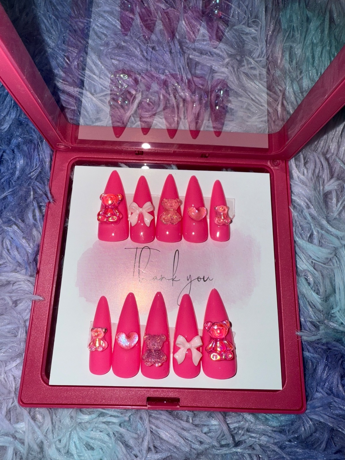 Custom Hot Pink Teddy Bear Press On Nail Set