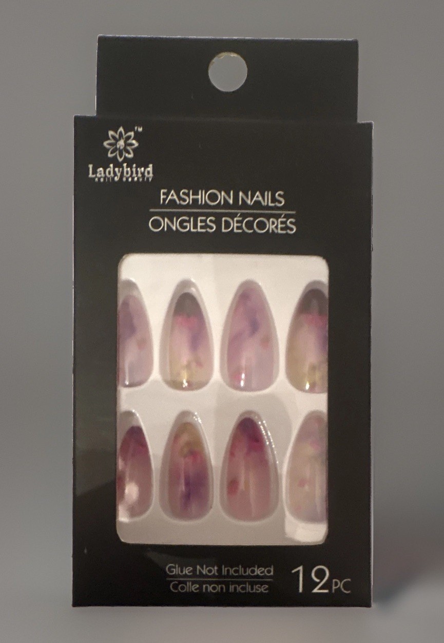 Ladybird Press-On Nails Pink/Purple floral Pre-Designed Almond 12pc No Glue