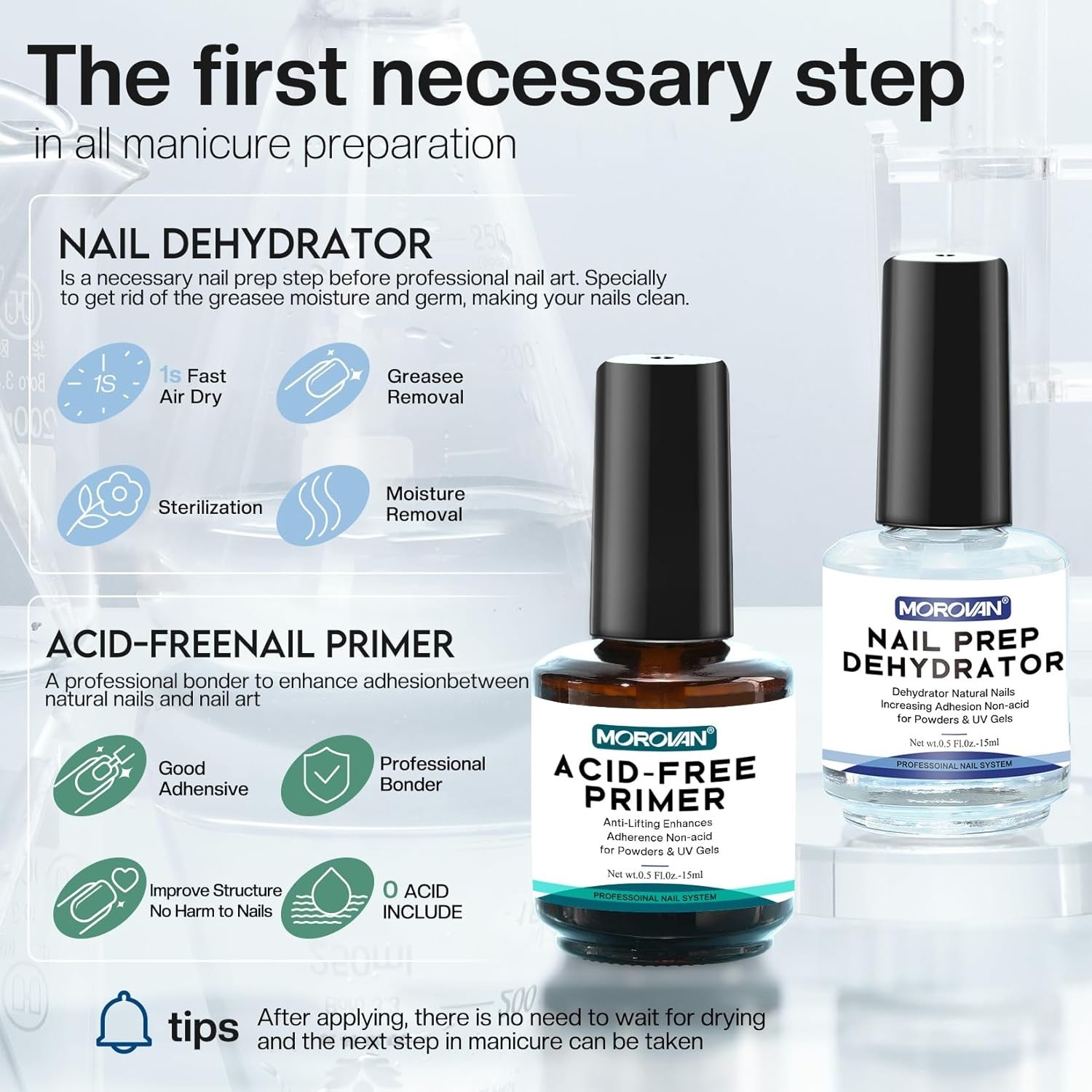 Morovan Professional Natural Nail Prep Dehydrate and Acid-Free Primer Dehydra…