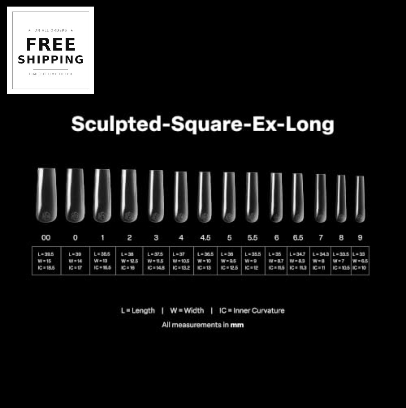 Sculpted Square Extra Long Gel Nail Tips 210pcs 14 Sizes Half Sizes Included