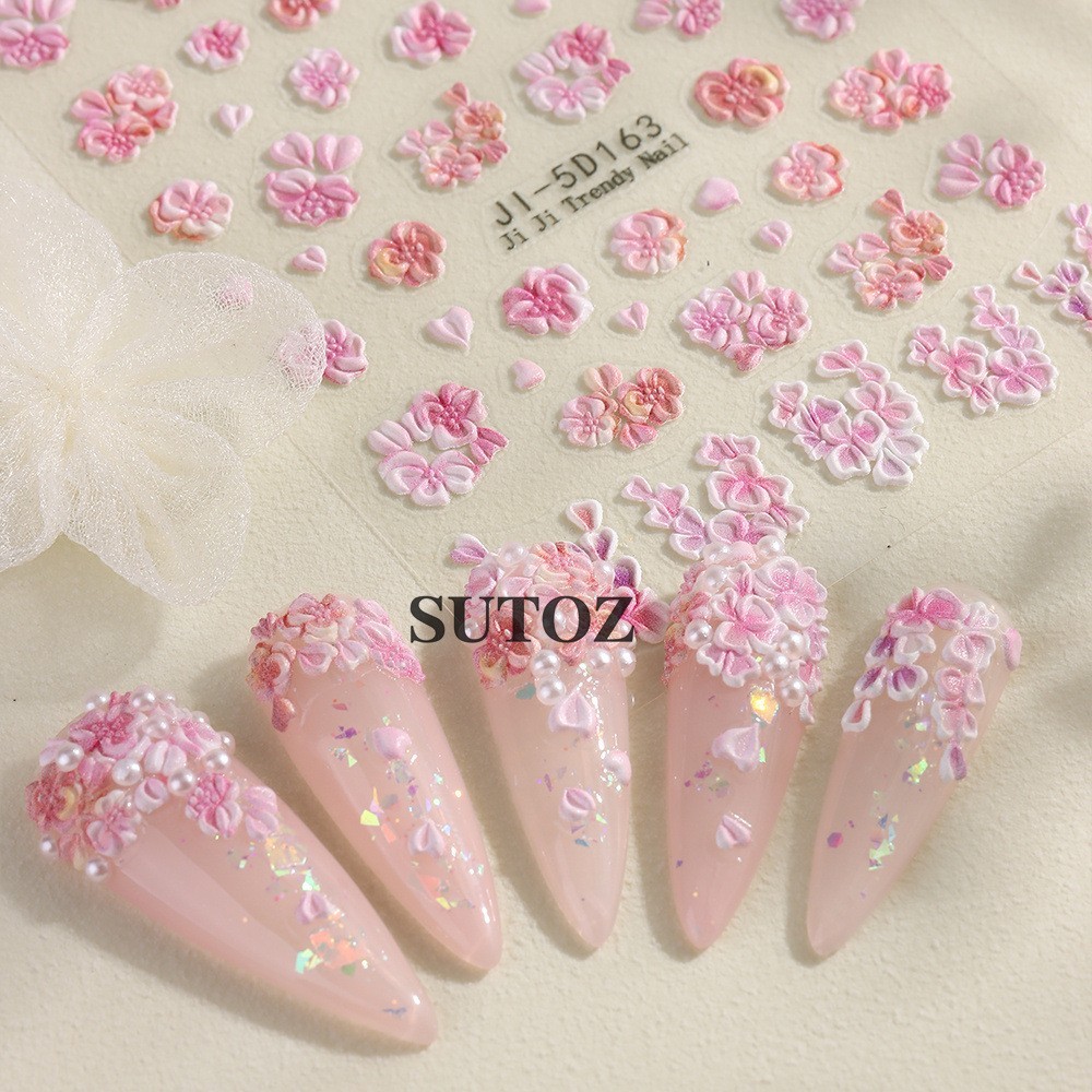 3D Gradient Flower Embossed Lily Hibiscus Floral Nail Art Stickers Decor NH29
