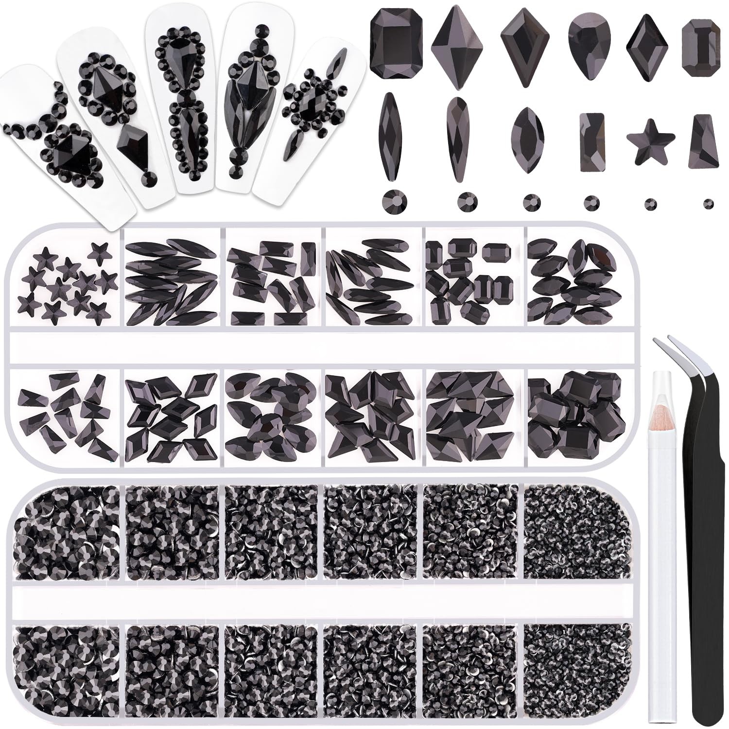 3220Pcs Black Glass Nail Rhinestones 120Pcs Multi Shapes Flatback Gems Crystal +