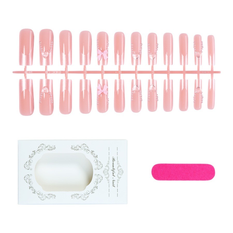 48p-French Press on Nails Pink Square Bow Heart Pearl Rhinestone Embellishments