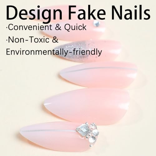 Silver Glitter Press on Nails French Tip Fake Nails Medium Almond False Nails
